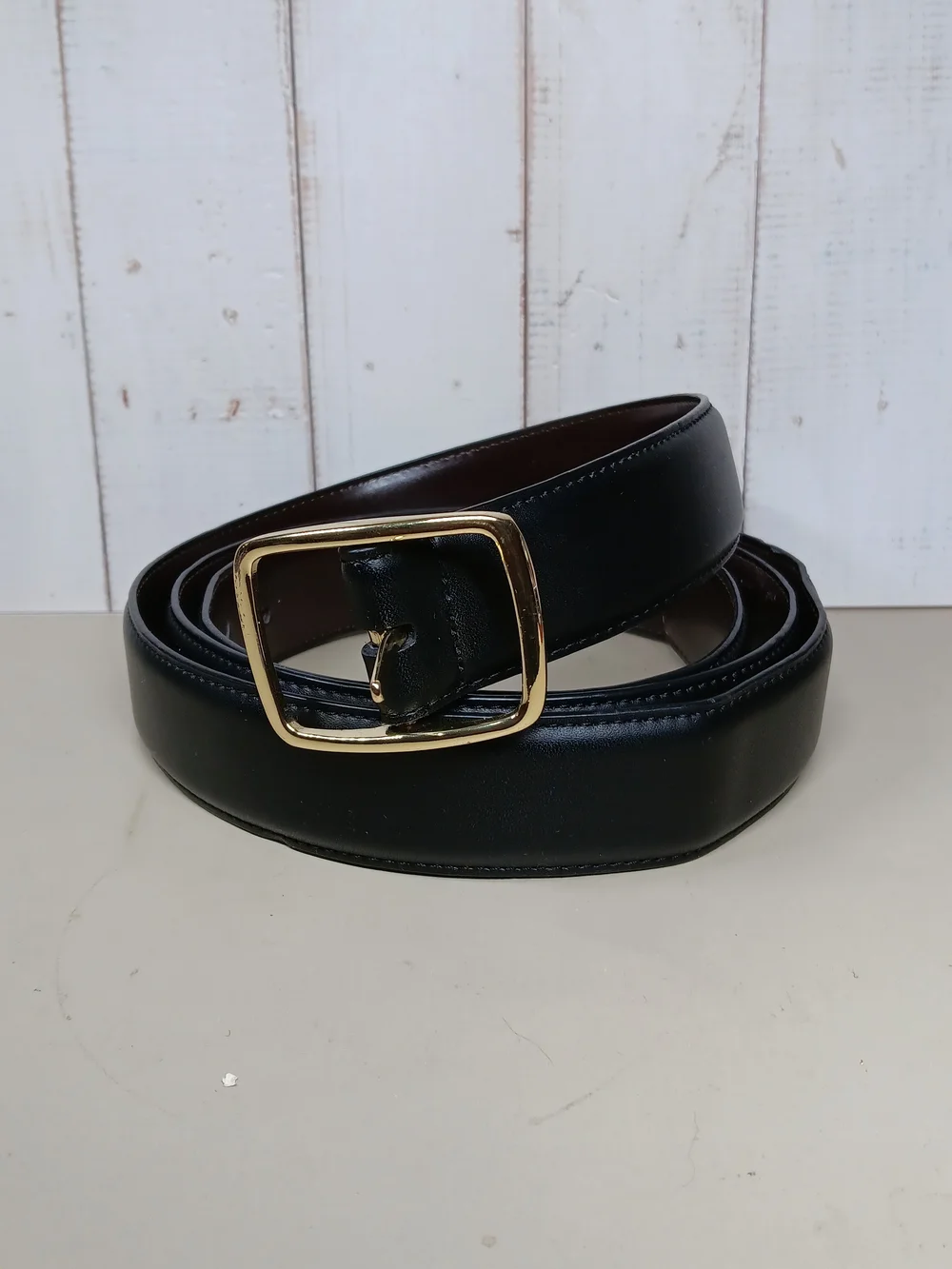Classic Black Leather Men's Belt with Gold Buckle 56